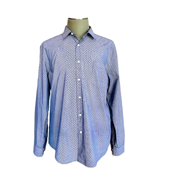 PERRY ELLIS Men's Blue Geo Print Button Front Long Sleeve Shirt Cotton Shirt - Picture 1 of 5
